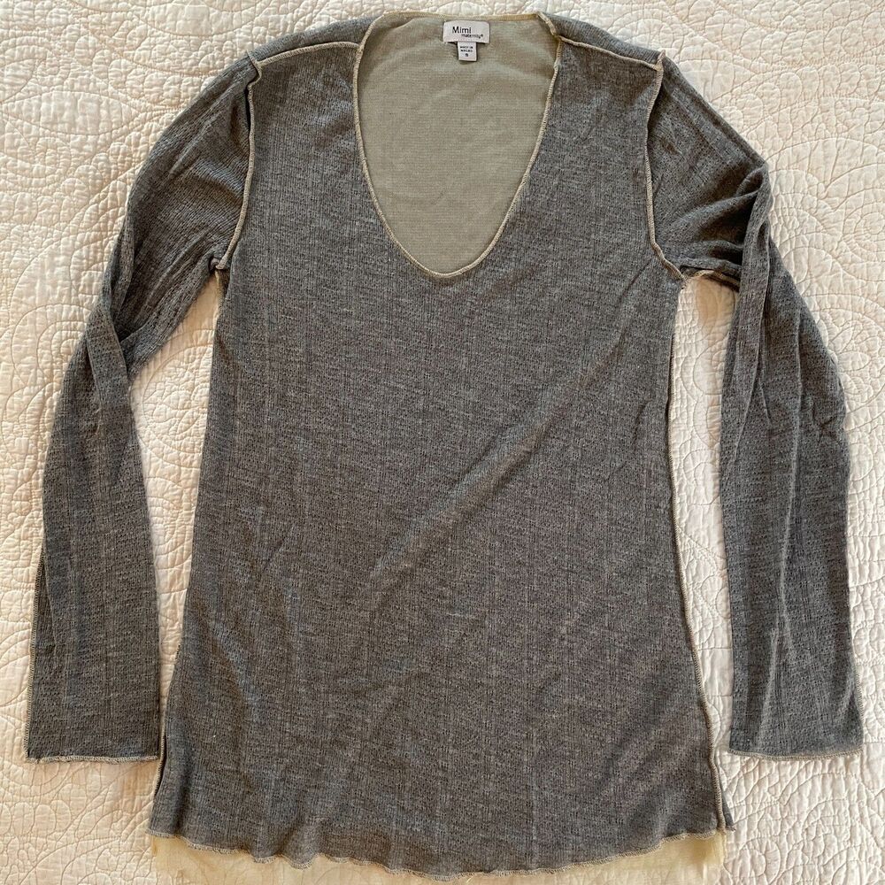 Mimi Maternity Small S Gray Knit Layered Mesh Hem Top Scoop Neck Serged Seam